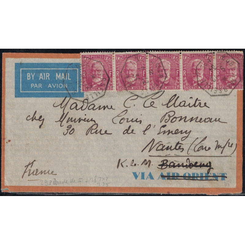 VICTOR HUGO - BANDE DE 5 + PAIX ET SEMEUSE - KOBE A MARSEILLE N°5 - 9-12-1934 - LETTRE BATEAU AVION POUR NANTES.