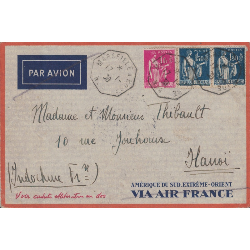TYPE PAIX - MARSEILLE A KOBE N°4 - LETTRE BATEAU AVION DU 17-1-1939 POUR HANOI - INDOCHINE.
