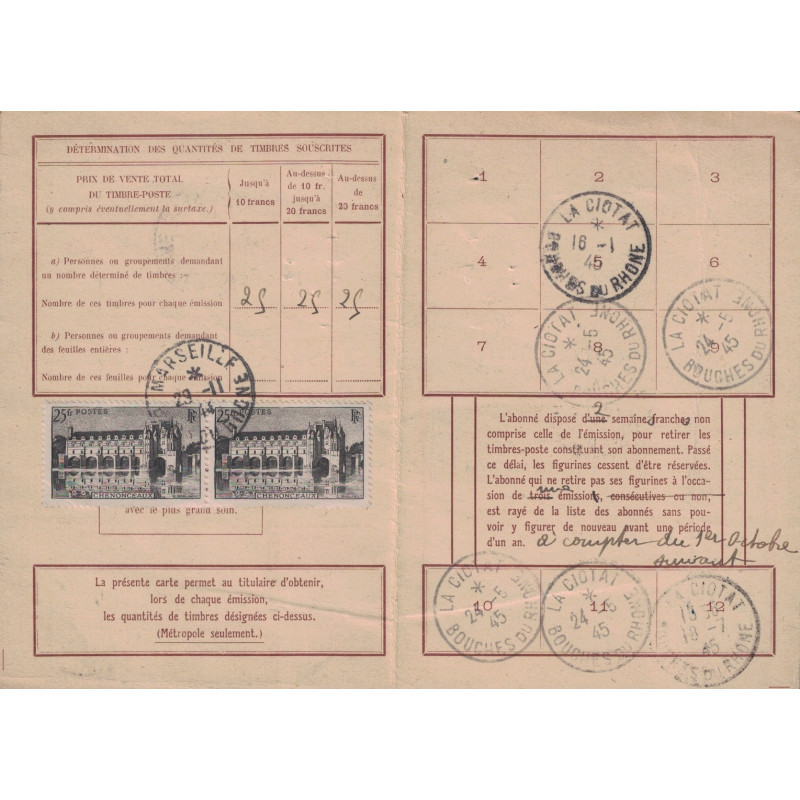 BOUCHES DU RHONE - MARSEILLE - CHENONCEAUX EN PAIRE SUR CARTE D'ABONNEMENT - PEU COURANT EN COMPOSITION.