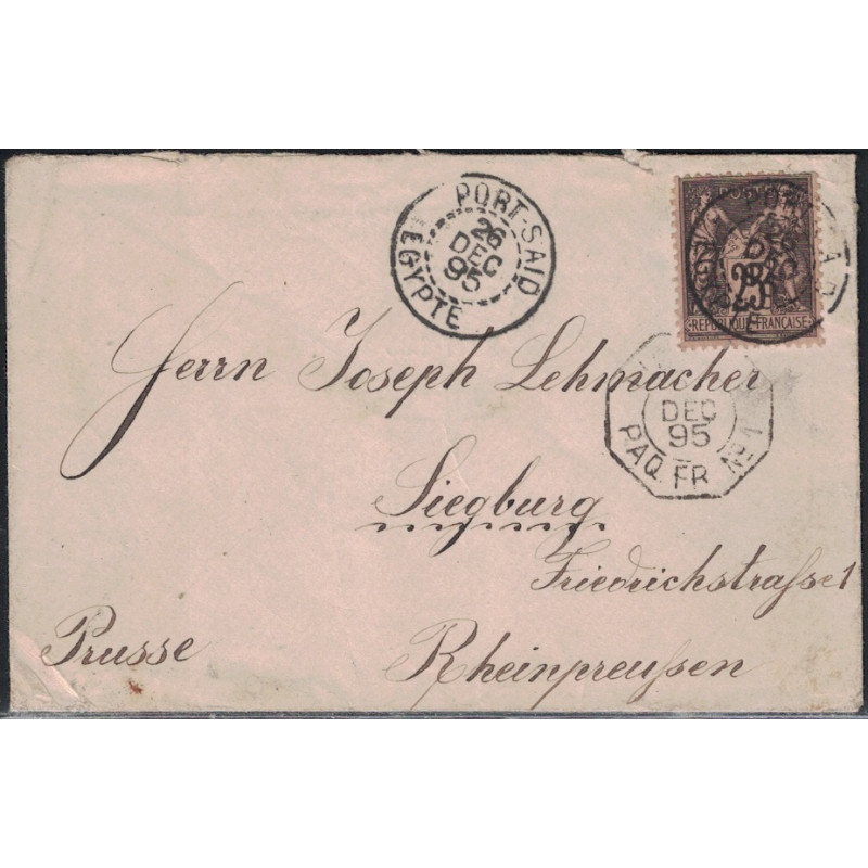 SAGE - PORT SAID - EGYPTE - 26-12-1895 - SUR TYPE SAGE 25c - CACHET LIGNE N PAQ.FR.N°1 - LETTRE POUR LA PRUSSE.