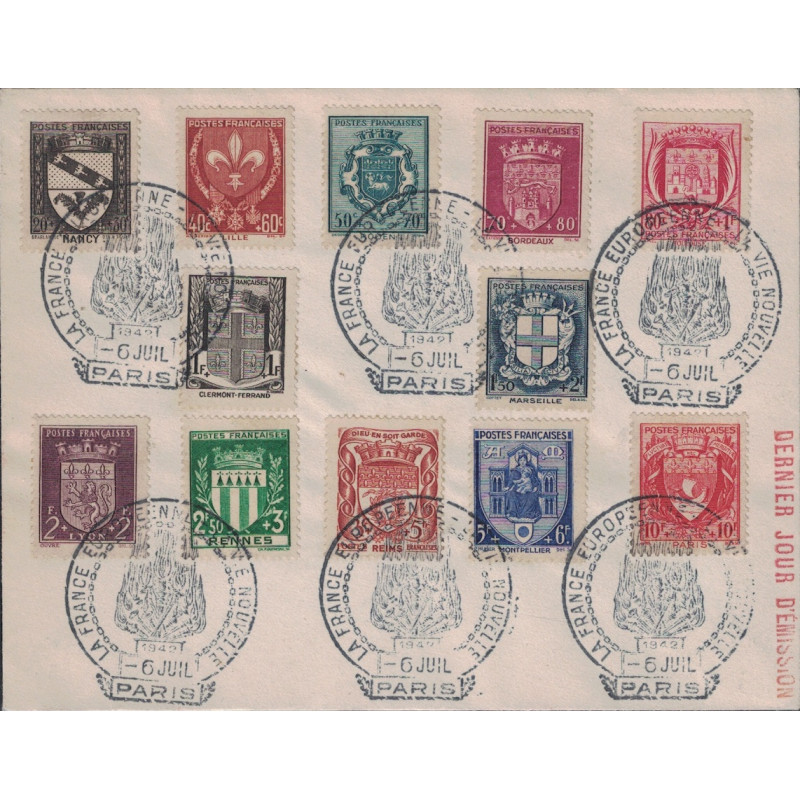 ARMOIRIES DE VILLE - 1er SERIE 12 TIMBRES SUR LETTRE DU 6-7-1942 - PARIS LA FRANCE EUROPENNE LA VIE NOUVELLE.
