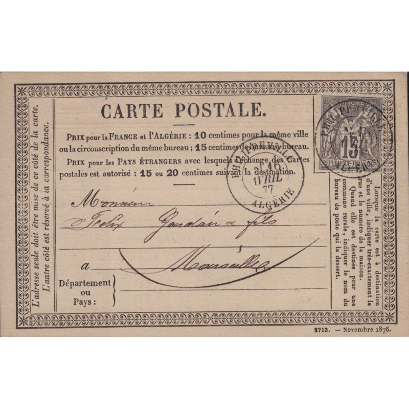 ALGERIE - PHILIPPEVILLE - CARTE PRECURSEUR AVEC REPIQUAGE PRIVEE HENRIE TEISSIER PHILIPPEVILLE.