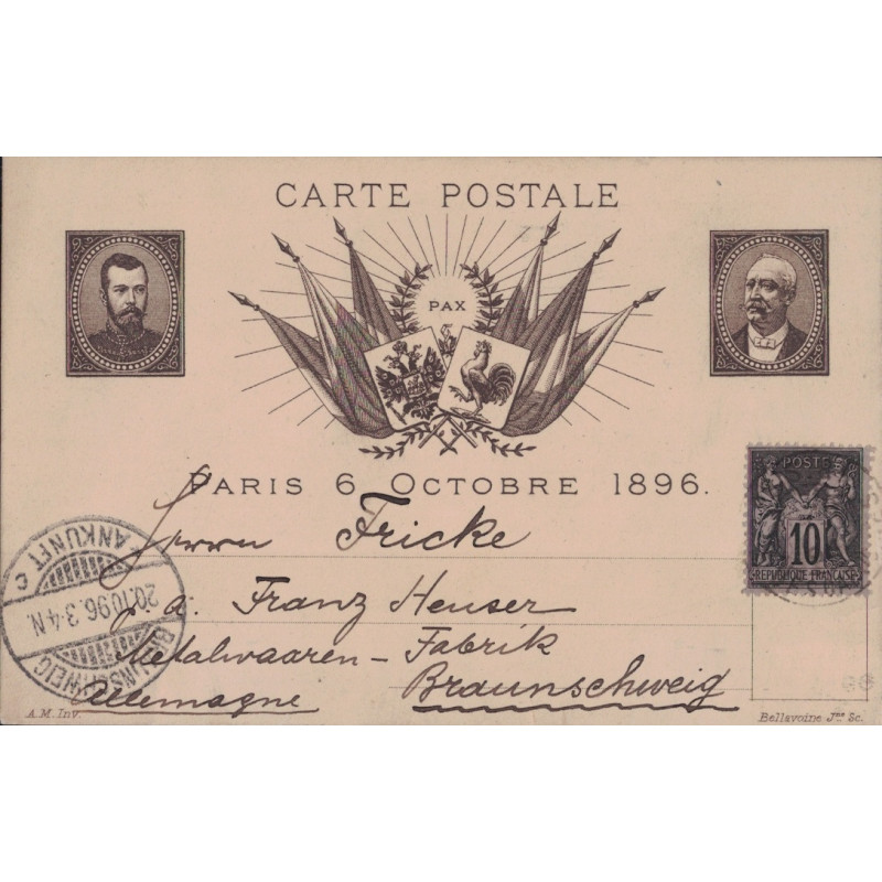 SAGE - PSEUDO ENTIER - 10c SAGE - FRANCE-RUSSIE - VISITE DU TSAR - CARTE POUR L'ALLEMAGNE.