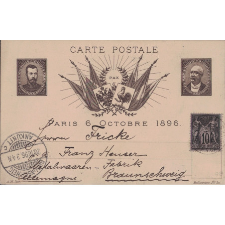 SAGE - PSEUDO ENTIER - 10c SAGE - FRANCE-RUSSIE - VISITE DU TSAR - CARTE POUR L'ALLEMAGNE.