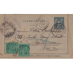 SAGE - ENTIER POSTAL 15c + 2c DE MARSEILLE ETRANGER POUR BALTIMORE - ETATS-UNIS LE 23 JUILLET 1894.