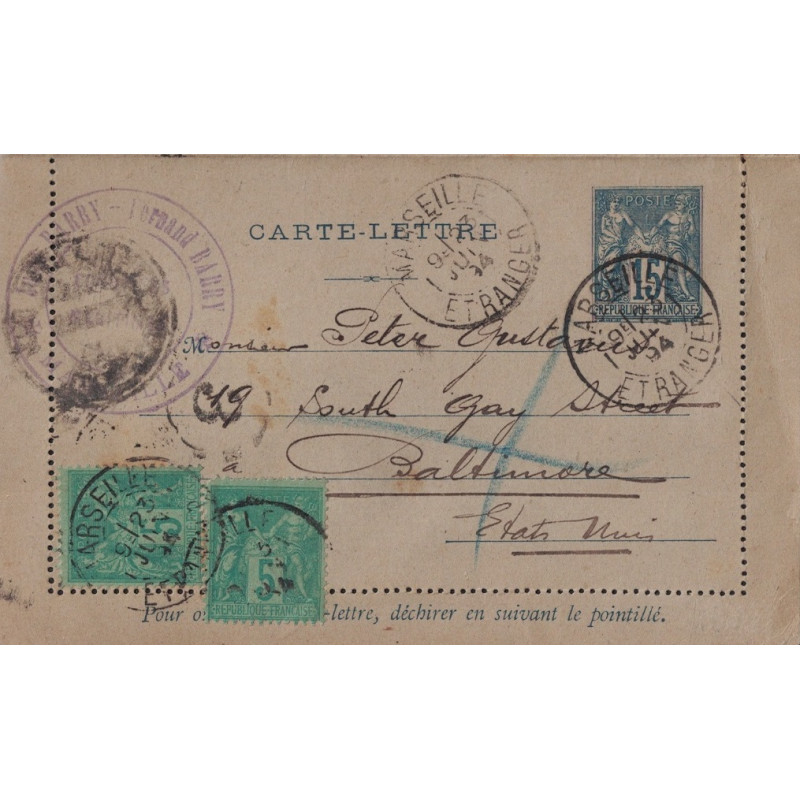 SAGE - ENTIER POSTAL 15c + 2c DE MARSEILLE ETRANGER POUR BALTIMORE - ETATS-UNIS LE 23 JUILLET 1894.