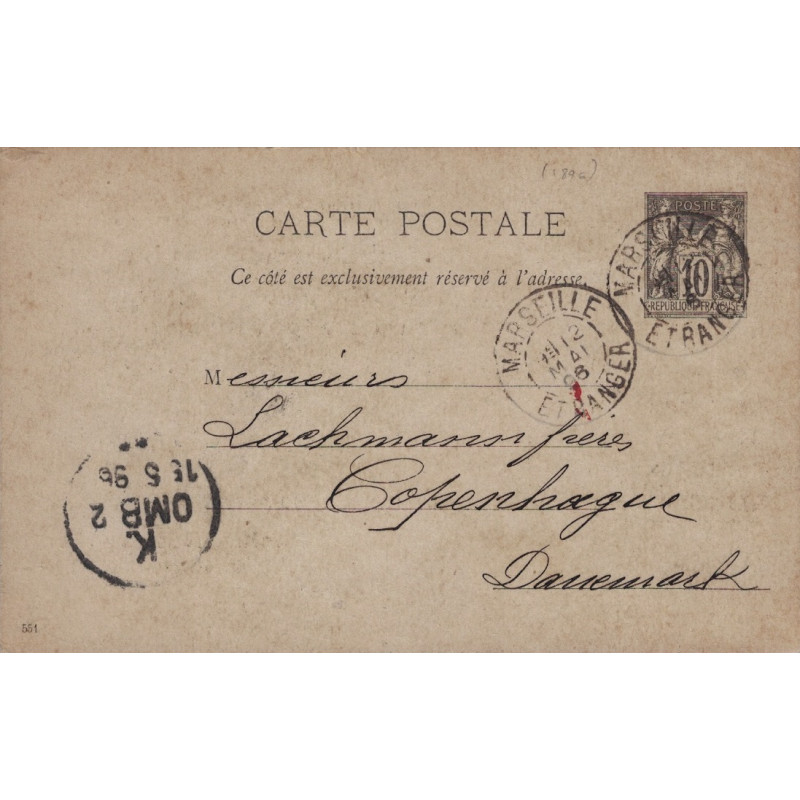 SAGE - ENTIER 10c AVEC REPIQUAGE PRIVEE - DE MARSEILLE ETRANGER A DESTINATION DE COPENHAGUE - DANNEMARK - LE 12-5-1896.