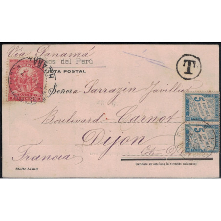 PEROU - HUARAS - CARTE POSTALE TAXEE AVEC 2c BANDEROLLE DU 5-12-1907 POUR LA FRANCE.