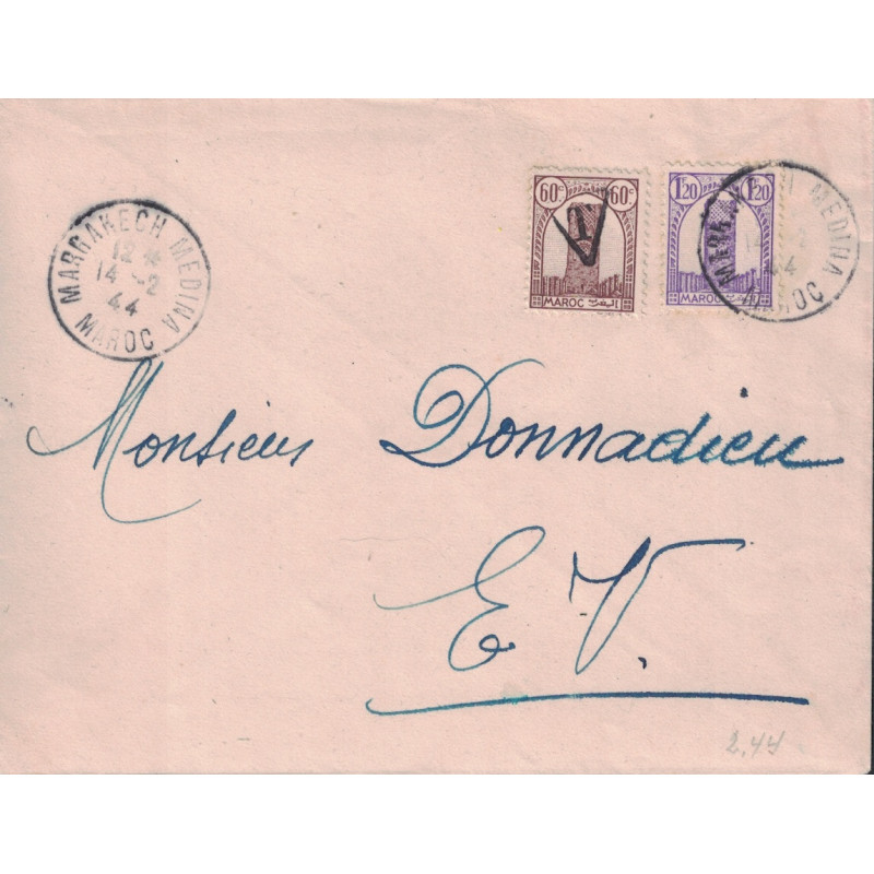 MAROC - TOUR HASSAN UTILISE EN TIMBRE TAXE (PENURIE DE TIMBRE TAXE) - LETTRE DE MARRAKECH POUR MARRAKECH. MAROC - TOUR HASSAN UTILISE EN TIMBRE TAXE (PENURIE DE TIMBRE TAXE) - LETTRE DE MARRAKECH POUR MARRAKECH.