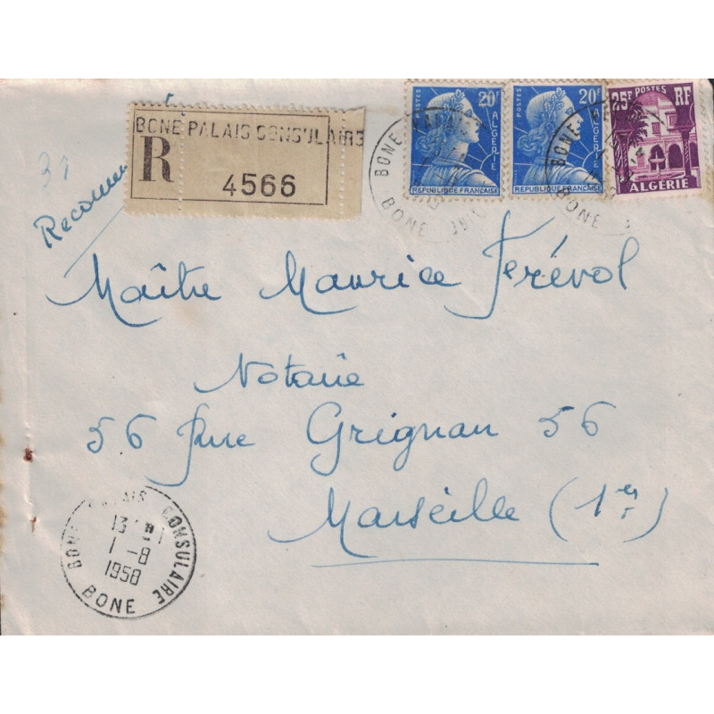ALGERIE - BONNE PALAIS CONSULAIRE - LETTRE RECOMMANDEE POUR MARSEILLE LE 1-8-1958 - MULLER ALGERIE x 2 + 25c VUE D'ALGER.