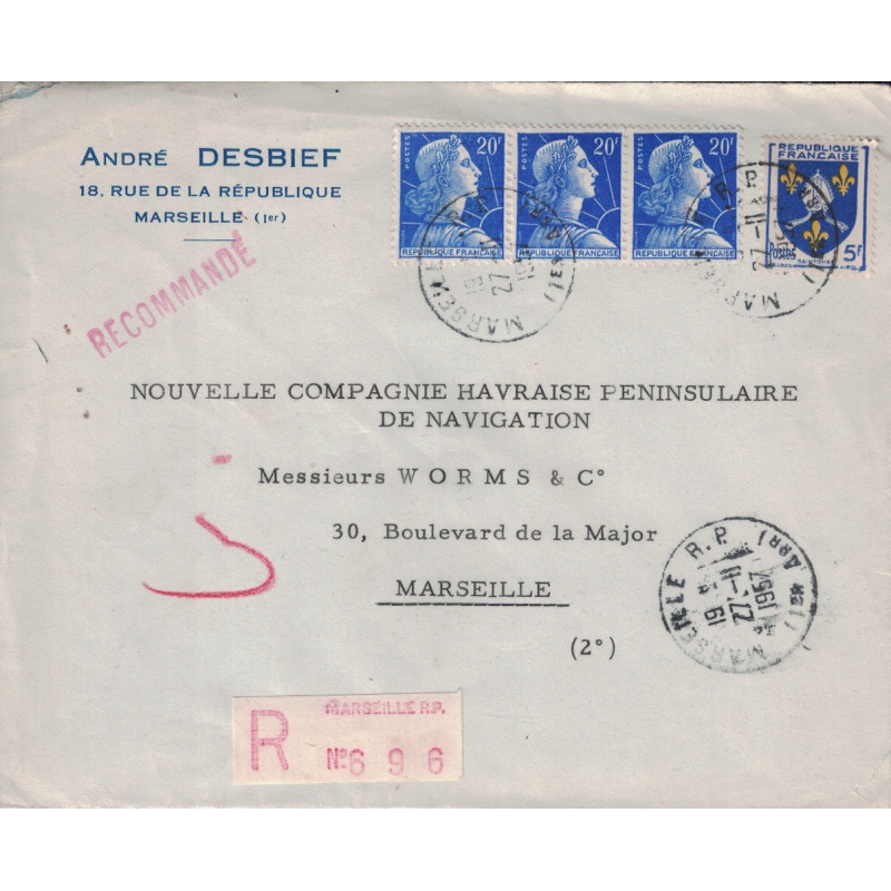 BOUCHES DU RHONE - MARSEILLE - LETTRE RECOMMANDEE POUR LA Cie PENINSULAIRE - MULLER BANDE DE 3 + BLASON - LE 27-11-1957.