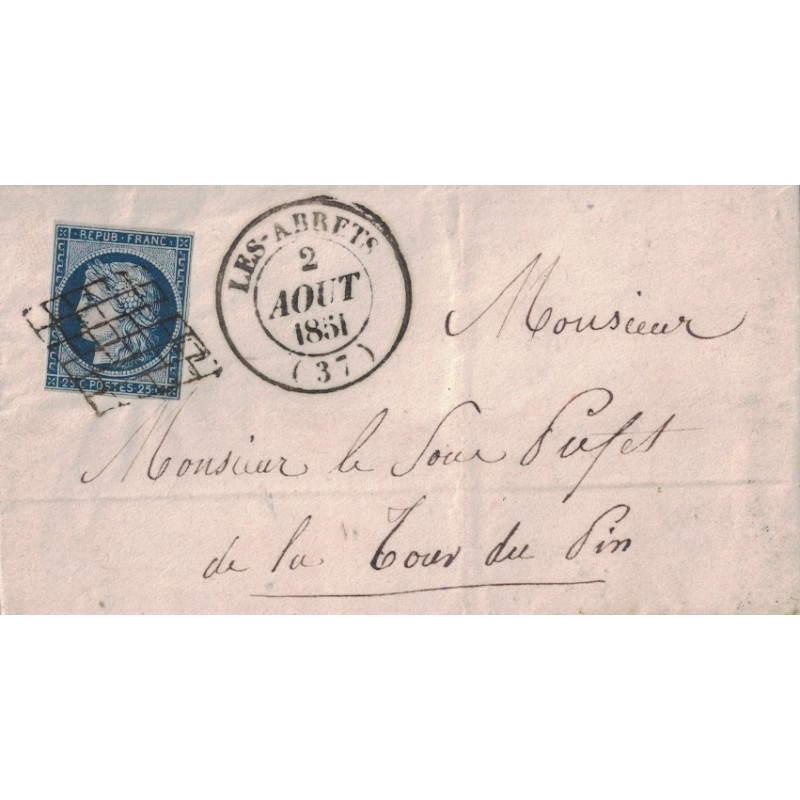 ISERE - LES ABRETS (37) - CERES N°4 - OBLITERATION GRILLE - CAD T14 DU 2-8-1851- SUPERBE. ISERE - LES ABRETS (37) - CERES N°4 - OBLITERATION GRILLE - CAD T14 DU 2-8-1851- SUPERBE.