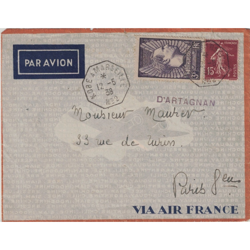 copy of TYPE PAIX & SEMEUSE - KOBE A MARSEILLE N°9 - 25-12-1938 - LETTRE BATEAU AVION POUR SAIGON.