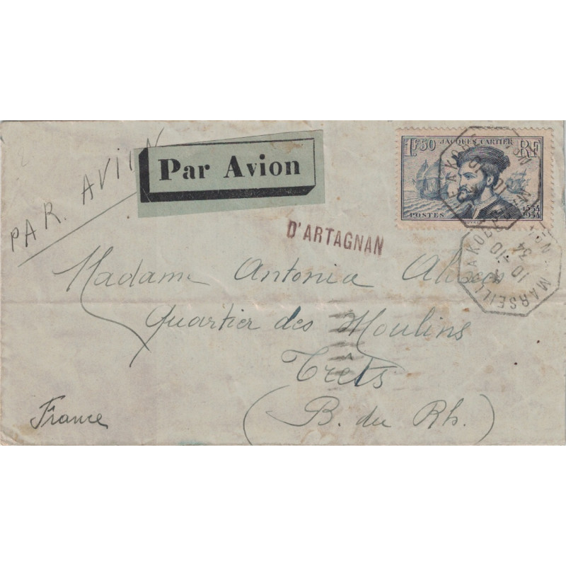 JACQUES CARTIER - KOBE A MARSEILLE N°4 - RARE GRIFFE PAQUEBOT D'ARTAGNAN - 10-10-1934 - LETTRE BATEAU AVION POUR TRETS (BdR).