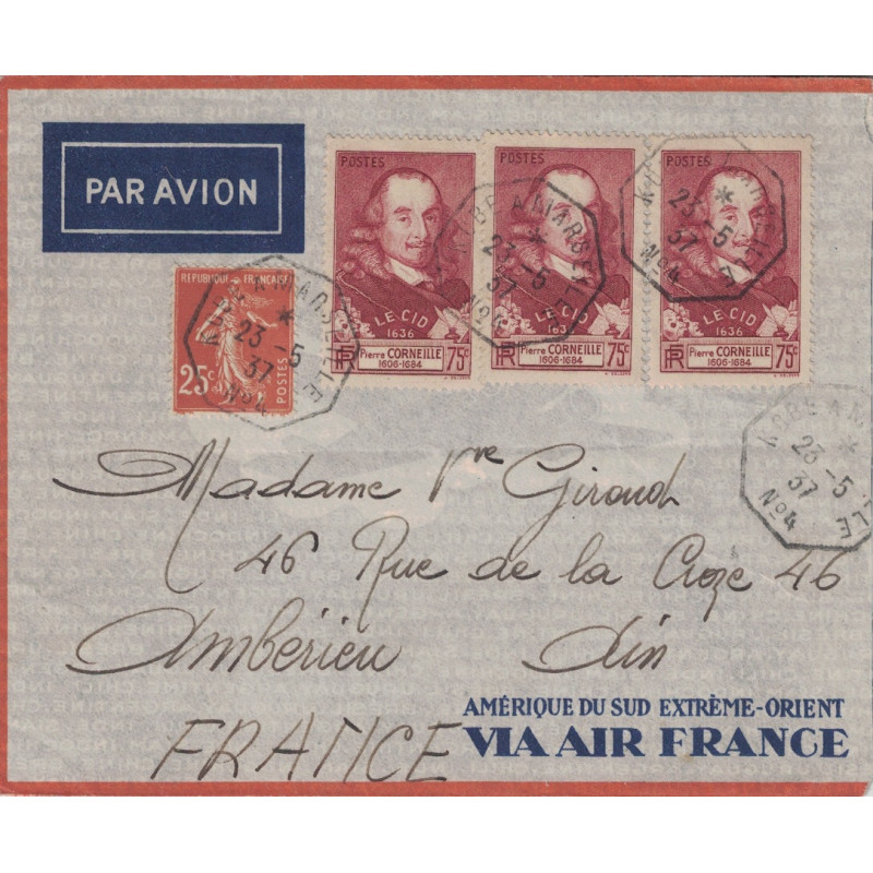 SEMEUSE & CORNEILLEx3 - KOBE A MARSEILLE N°4 - LE 25-5-1937 - LETTRE BATEAU AVION POUR AMBERIEU - AIN.
