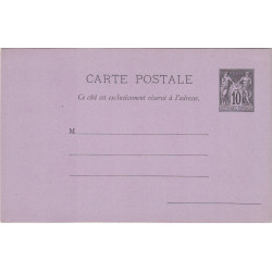 SAGE - CARTE POSTALE 10c NOIR SUR LILAS - SANS REPUBLIQUE FRANCAISE.