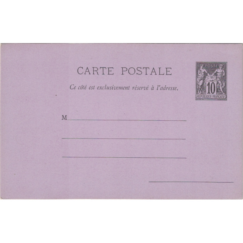 SAGE - CARTE POSTALE 10c NOIR SUR LILAS - SANS REPUBLIQUE FRANCAISE.