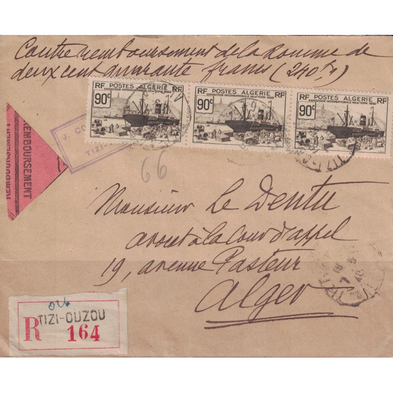 ALGERIE - TIZI-OUZOU - LETTRE RECOMMANDEE CONTRE REMBOURSEMENT DE 240F - BEL AFFRANCHISSEMENT RECTO VERSO EN 1940. ALGERIE - TIZI-OUZOU - LETTRE RECOMMANDEE CONTRE REMBOURSEMENT DE 240F - BEL AFFRANCHISSEMENT RECTO VERSO EN 1940.