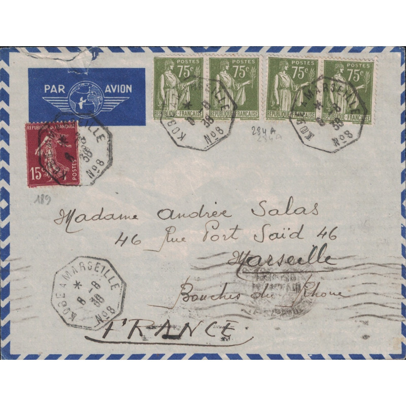PAIX & SEMEUSE - KOBE A MARSEILLE N°8 - 8-8-1938 - LETTRE BATEAU AVION POUR LA FRANCE.