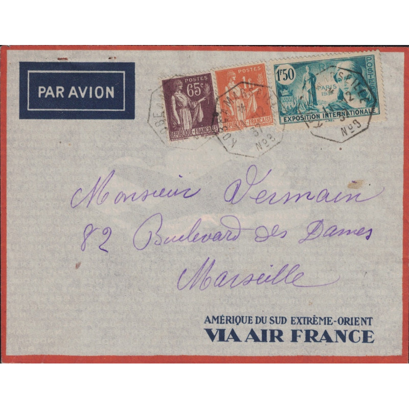PAIX & EXPO 37 - KOBE A MARSEILLE N°9 - 11-12-1937 - LETTRE BATEAU AVION POUR LA FRANCE.
