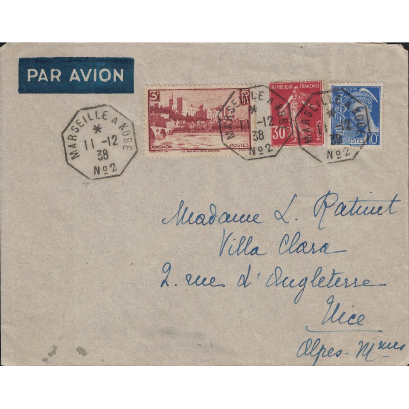 SEMEUSE - MERCURE & AVIGNON - MARSEILLE A KOBE N°2 - LETTRE BATEAU AVION DU 11-12-1938 POUR LA FRANCE.