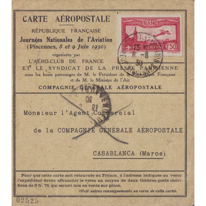 copy of VINCENNES - CARTE AEROPOSTALE - JOURNEE NATIONALE DE L'AVIATION -8 ET 9 JUIN 1930.