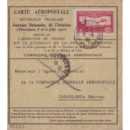 VAL DE MARNE - VINCENNES - CARTE AEROPOSTALE - JOURNEE NATIONALE DE L'AVIATION -8 ET 9 JUIN 1930.