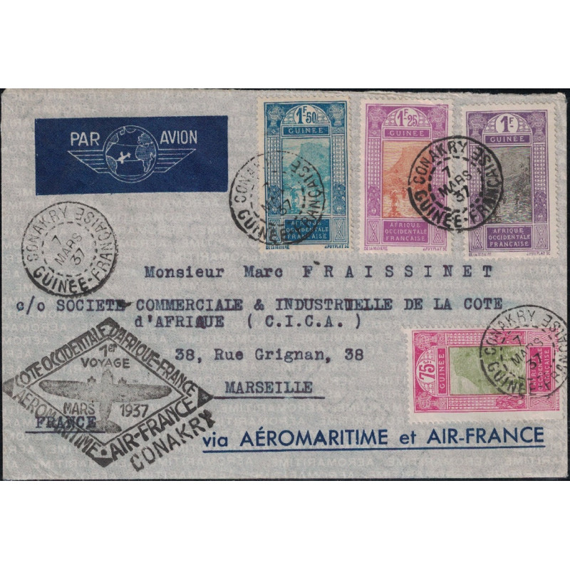GUINEE - CONAKRY - LETTRE AERO MARITIME AIR FRANCE LE 7-3-1937 - SUPERBE AFFRANCHISSEMENT.