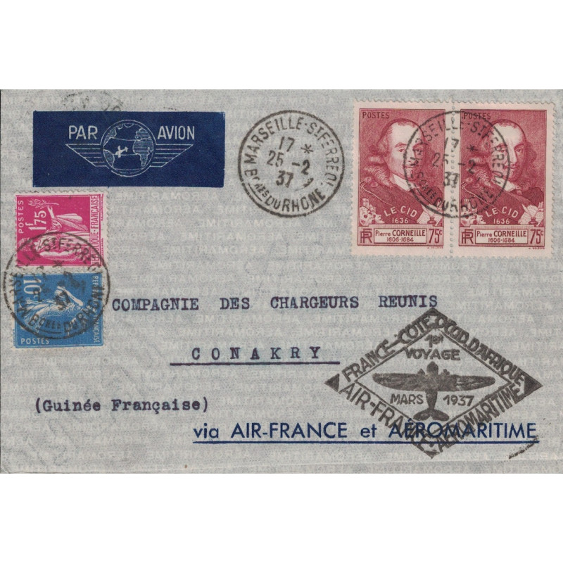 BOUCHES DU RHONE - MARSEILLE - LETTRE AEROMARITIME AIR FRANCE POUR CONAKRY - GUINEE - 25-2-1937.