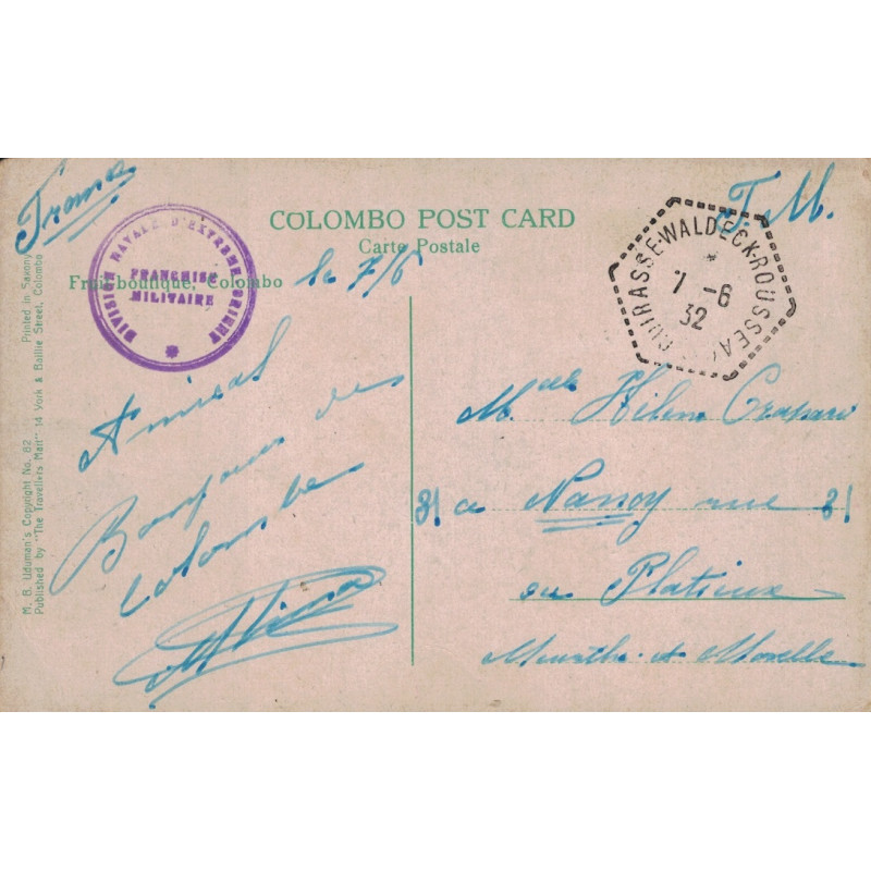 CUIRASSE WALDECK ROUSSEAU - DIVISION NAVALE D'EXTREME-ORIENT - CARTE EN FRANCHISE DE COLOMBO POUR LA FRANCE - 7-2-1932.