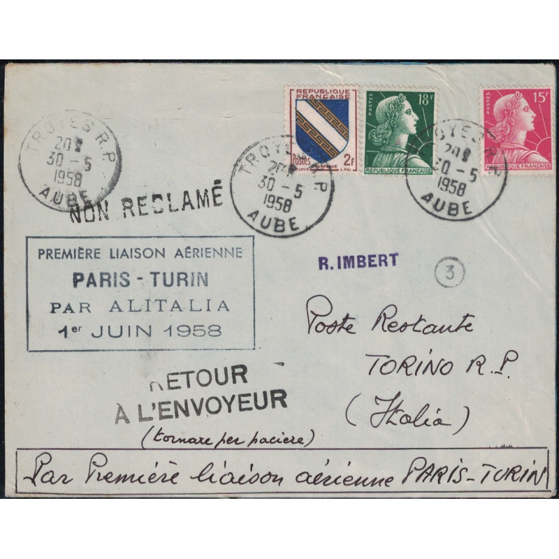 AUBE - TROYES - 1er LIAISON AERIENNE PARIS-TURIN PAR ALITALIA - 1 JUIN 1958 - AFFRANCHISSEMENT MULLER 15 ET 18F.
