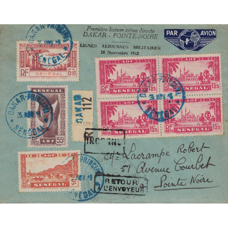 SENEGAL - 1er LIAISON AVION DIRECTE DAKAR-POINTE NOIRE PAR LIGNES AERIENNES MILITAIRES 26 NOVEMBRE 1943 - SUPERBE.