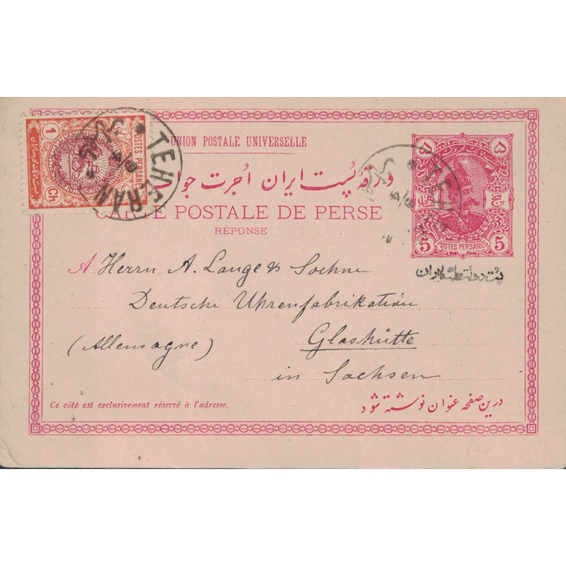 IRAN - POSTES PERSANES - ENTIER CARTE REPONSE DE TEHERAN POUR L'ALLEMAGNE - LE 9-4-1910.
