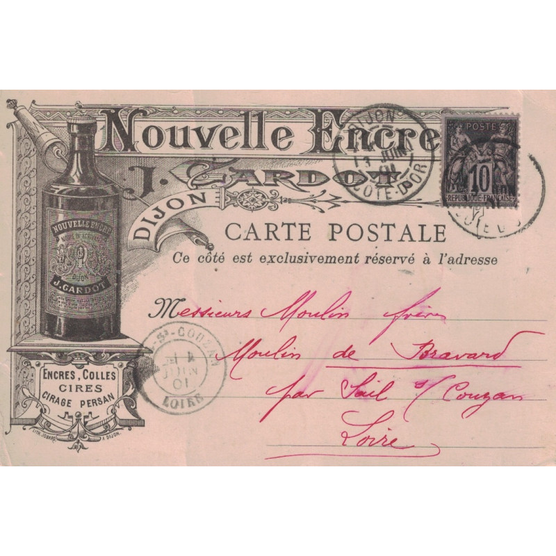 COTE D'OR - DIJON - SAGE 10c SUR CARTE PRIVEE ILLUSTREE "NOUVELLE ENCRE J.GARDOT DIJON" LE 3-6-1901.