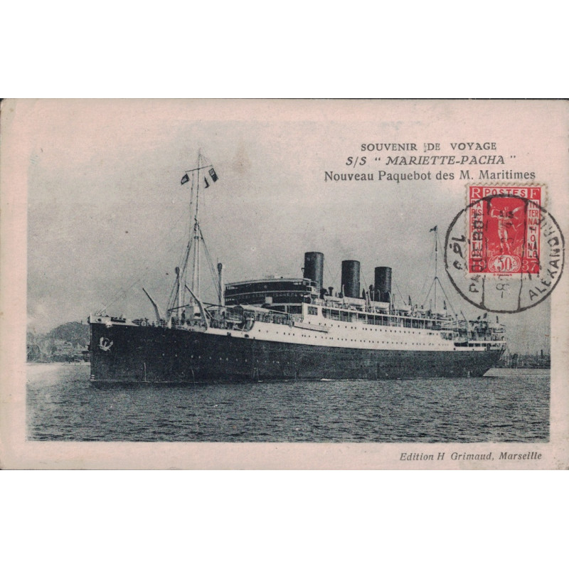 EGYPTE - CACHET PAQUEBOT ALEXANDRIE - ESCALE D'EGYPTE - 50c EXPO 1937 - CARTE DU SS MARIETTE-PACHA..