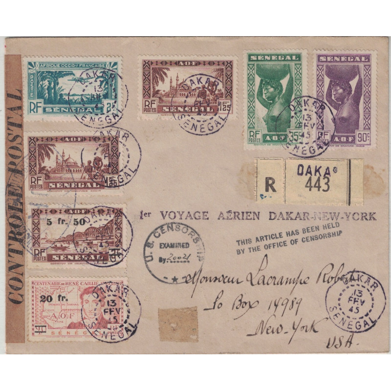 SENEGAL - DAKAR - 1er VOYAGE AERIEN DAKAR-NEWYORK - LETTRE RECOMMANDEE AVEC CENSURE ET GRIFFE US - 13 FEVRIER 1945