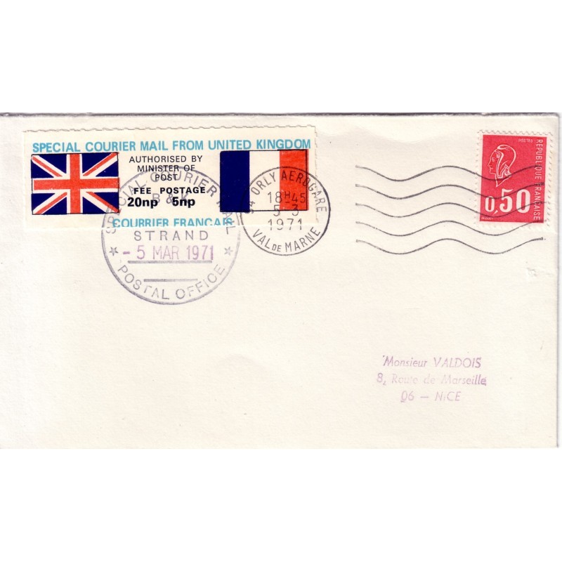 GREVE - TIMBRE DE GREVE BRITANNIQUE - SPECIAL COURIER FRANCAIS -0.50 MARIANNE DE BEQUET - ORLY GARE LE 8-3-1971.