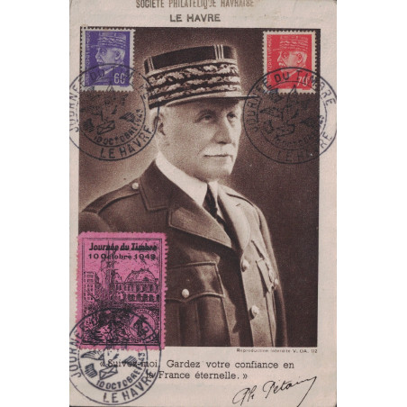 JOURNEE DU TIMBRE - LE HAVRE - CARTE MAXIMUM - PETAIN - 10-10-1943 - VIGNETTE DU HAVRE.