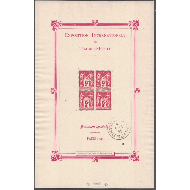BLOC FEUILLET No0001 - 5F SAGE - EXPOSITION INTERNATIONALE DE TIMBRES-POSTE EN 1925 - COTE 1500€.