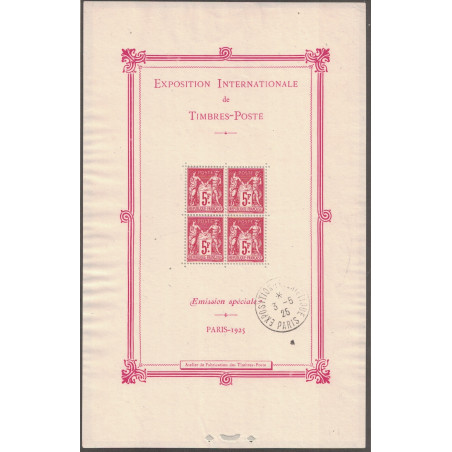 BLOC FEUILLET No0001 - 5F SAGE - EXPOSITION INTERNATIONALE DE TIMBRES-POSTE EN 1925 - COTE 1500€.