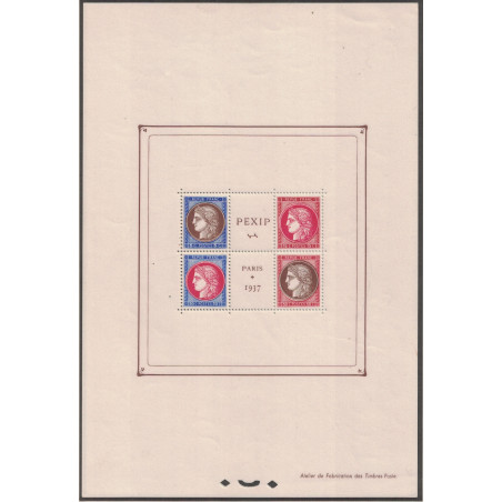 BLOC FEUILLET No0003 - EXPOSITION PHILATELIQUE DE 1937 - NEUF - COTE 800€.
