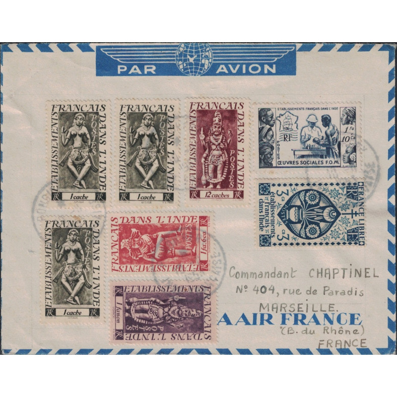 INDE - PONDICHERY - INDE FRANCAISE - LE 19-11-1954 - LETTRE POUR MARSEILLE - SUPERBE AFFRANCHISSEMENT.