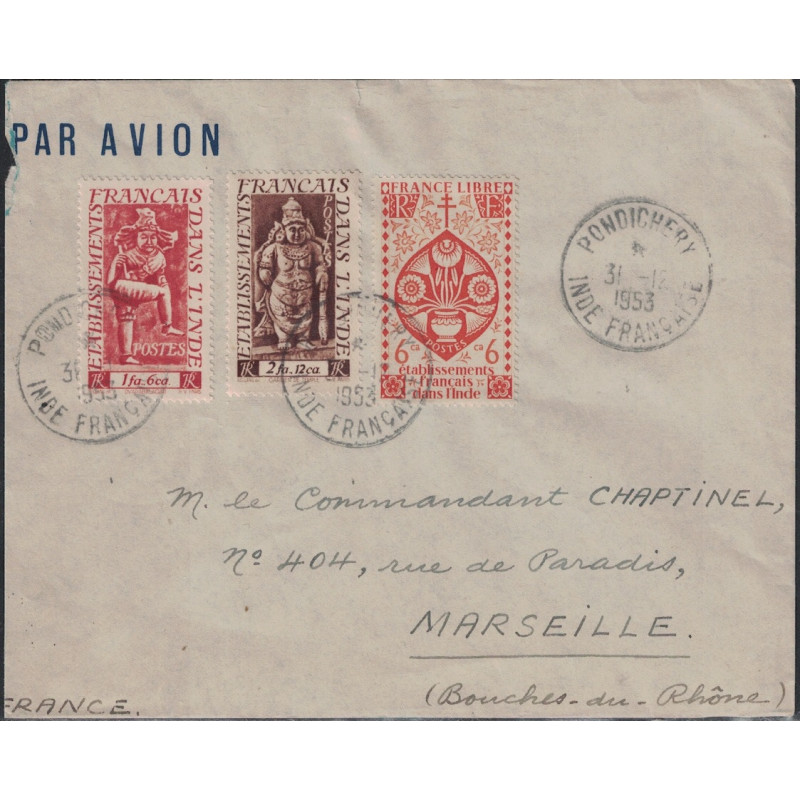 INDE - PONDICHERY - INDE FRANCAISE - LE 31-12-1953 - LETTRE POUR MARSEILLE - BEL AFFRANCHISSEMENT.