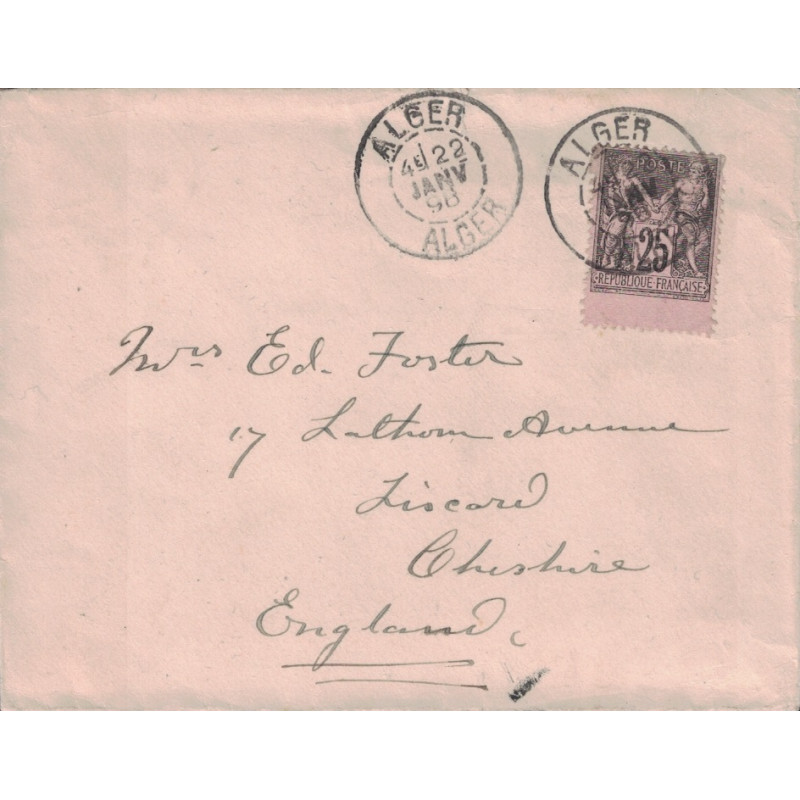 SAGE - ALGERIE - ALGER - N°97 VARIETE PLUS GRAND - RARE - LETTRE DU 22-1-1898 POUR L'ANGLETERRE.