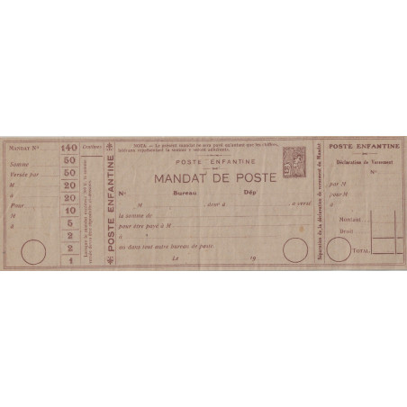 POSTE ENFANTINE - MANDAT DE POSTE - FORMAT 210x68 - PEU COURANT.