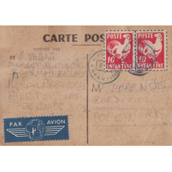 POSTE ENFANTINE - CARTE POSTALE AFFRANCHISSEMENT AVEC COQ POSTE ENFANTINE PAR AVION POUR LE PERE NOEL POLE NORD.
