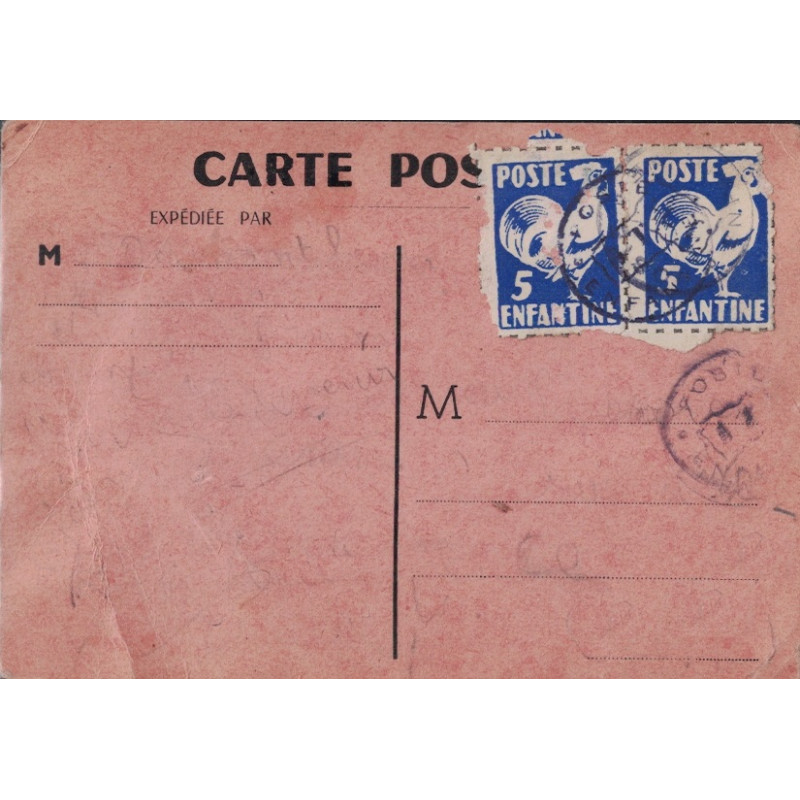 POSTE ENFANTINE - CARTE POSTALE AFFRANCHISSEMENT AVEC COQ POSTE ENFANTINE.