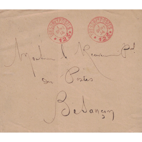 TRESOR ET POSTES *123* - CACHET ROUGE TRESOR ET POSTE 123 - LE 1 SEPTEMBRE 1914 POUR LE RECEVEUR PRINCIPAL DE BESANCON - DOUBS.