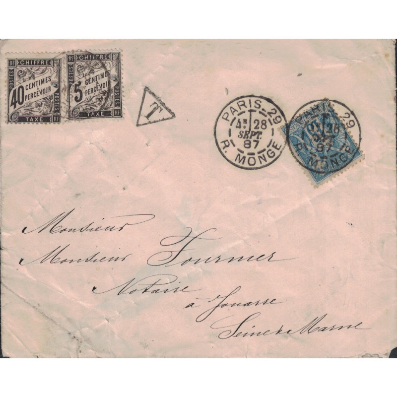 PARIS - 29 -R.MONGE - LETTRE AVEC TAXE 40c ET 10c BANDEROLE NOIRE (N°14 ET 19) POUR JOUARRE - LE 28 SEPTEMBRE 1887