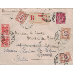 MARNE - REIMS - LETTRE RECOMMANDEE AVEC TYPE PAIX POUR LE Cte DE BEARN EN ITALIE - 5 TIMBRES TAXE EN ARRIVEE - SUPERBE.